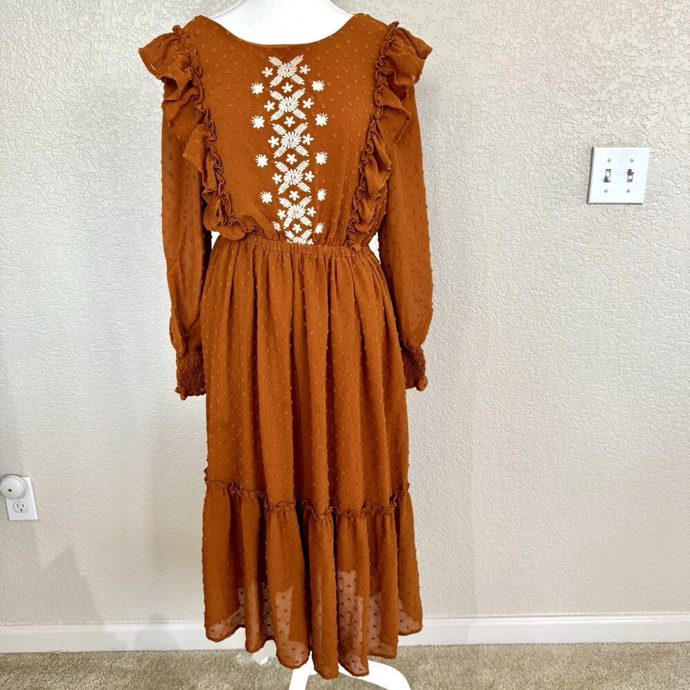 In Loom Sz Medium Brown Dress Embroidered Floral Ruffled Boho Festival Cottage